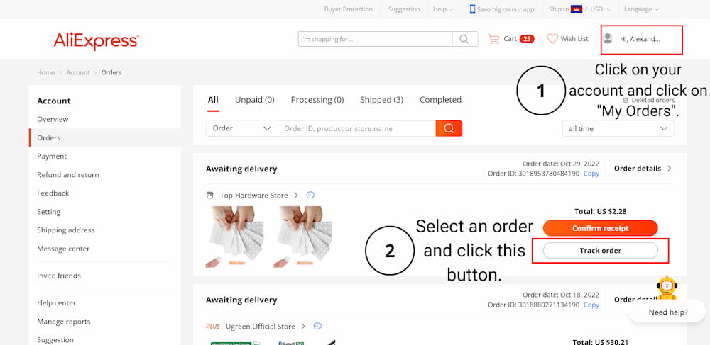 Track your orders on AliExpress website