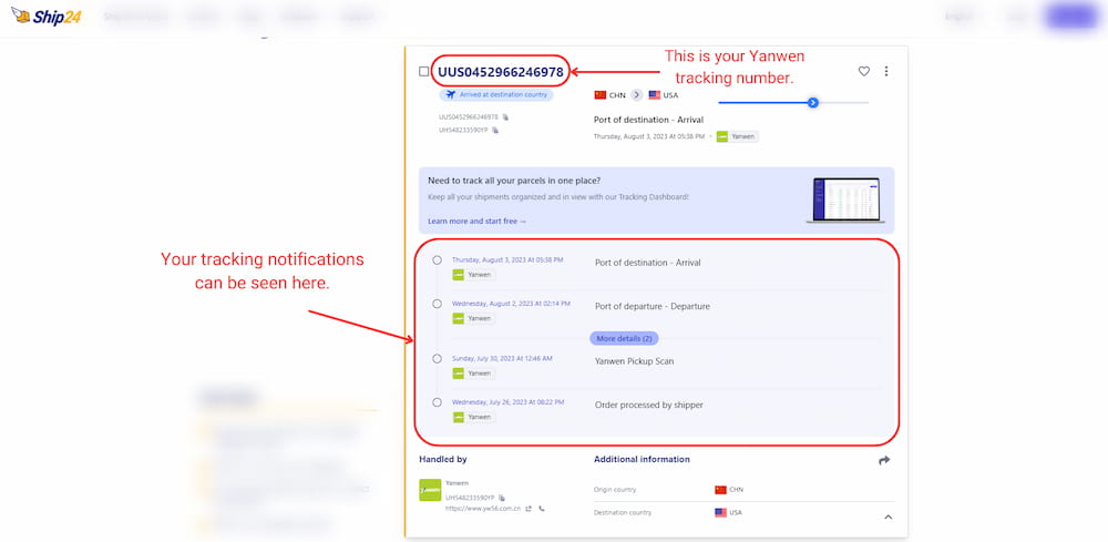 Yanwen tracking notifications